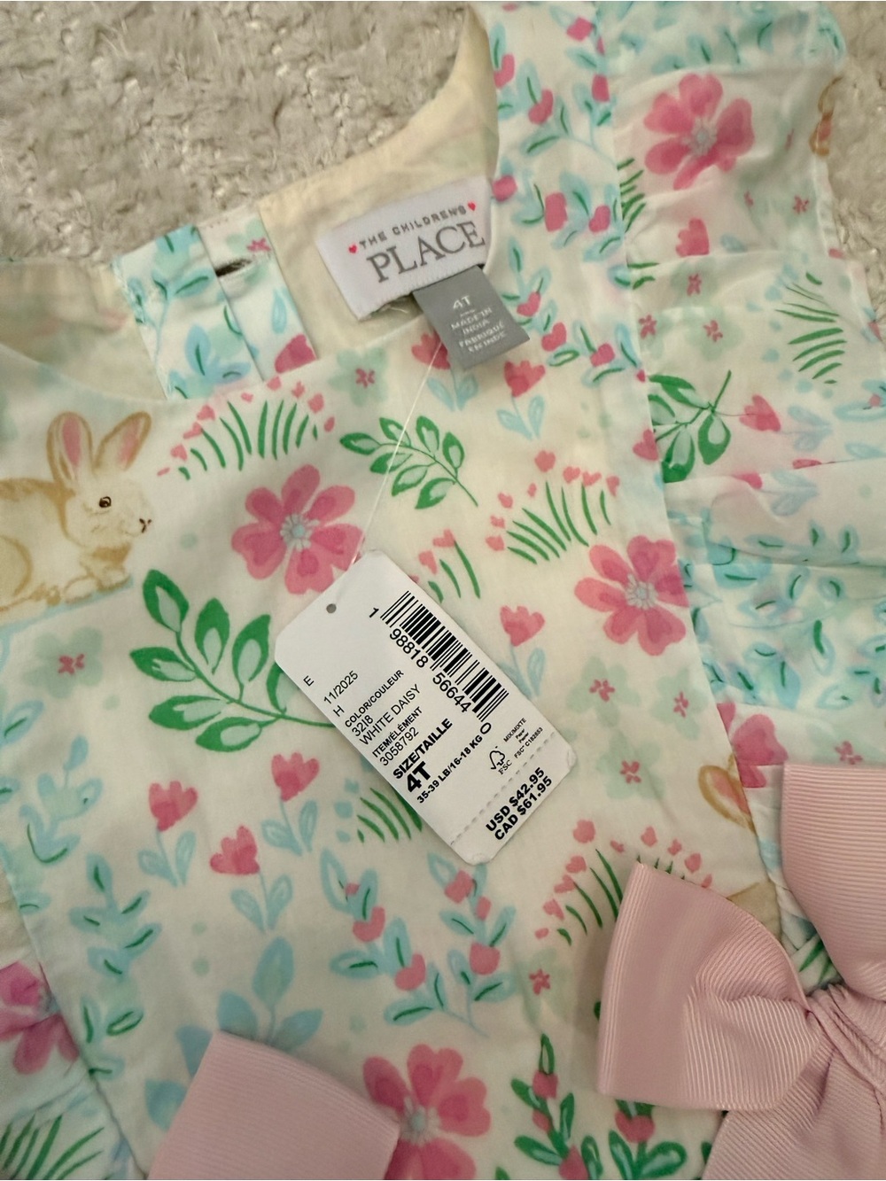 NWT - The Children's Place Pink Floral Bunny Ruffle Dress with Bows -Size 4T - Picture 4 of 4